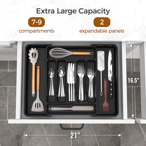 ukeetap Extra Large Expandable Silverware Organizer, BPA-Free Food-Safe Cutlery Flatware Organizer, Kitchen Utensil Drawer Organizer, Adjustable Silverware Holder for Spoons Forks Knives, Black - Image 2