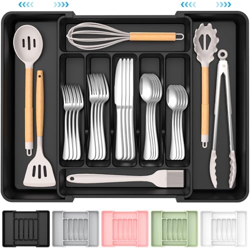 ukeetap Extra Large Expandable Silverware Organizer, BPA-Free Food-Safe Cutlery Flatware Organizer, Kitchen Utensil Drawer Organizer, Adjustable Silverware Holder for Spoons Forks Knives, Black - Image 1