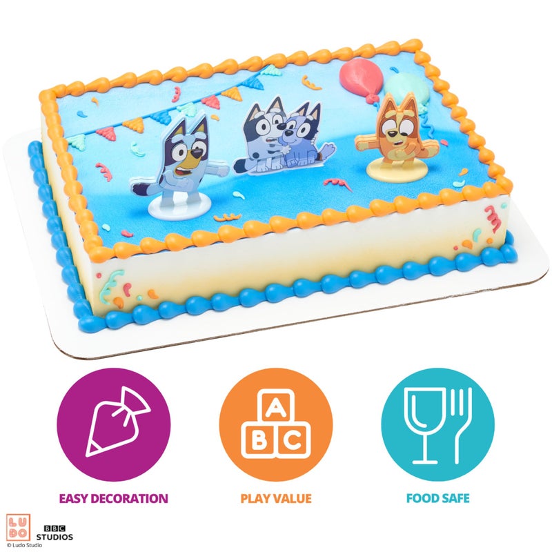 DecoPac DecoSet® Bluey Dance Mode Cake Toppers, 3 Piece Cake Decoration With Bluey And Bingo Figurines and Muffin & Socks Poly Pic, For Birthday, Parties, Celebration - Image 2