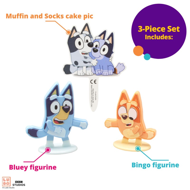 DecoPac DecoSet® Bluey Dance Mode Cake Toppers, 3 Piece Cake Decoration With Bluey And Bingo Figurines and Muffin & Socks Poly Pic, For Birthday, Parties, Celebration - Image 5