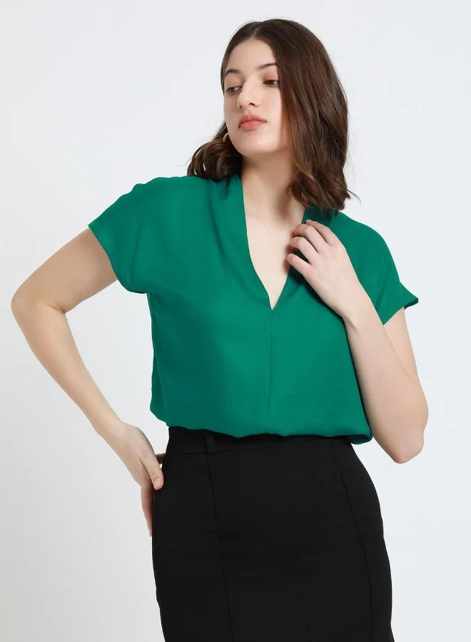 Dennis Lingo Regular Fit Green Viscose Moss Top V-Neck