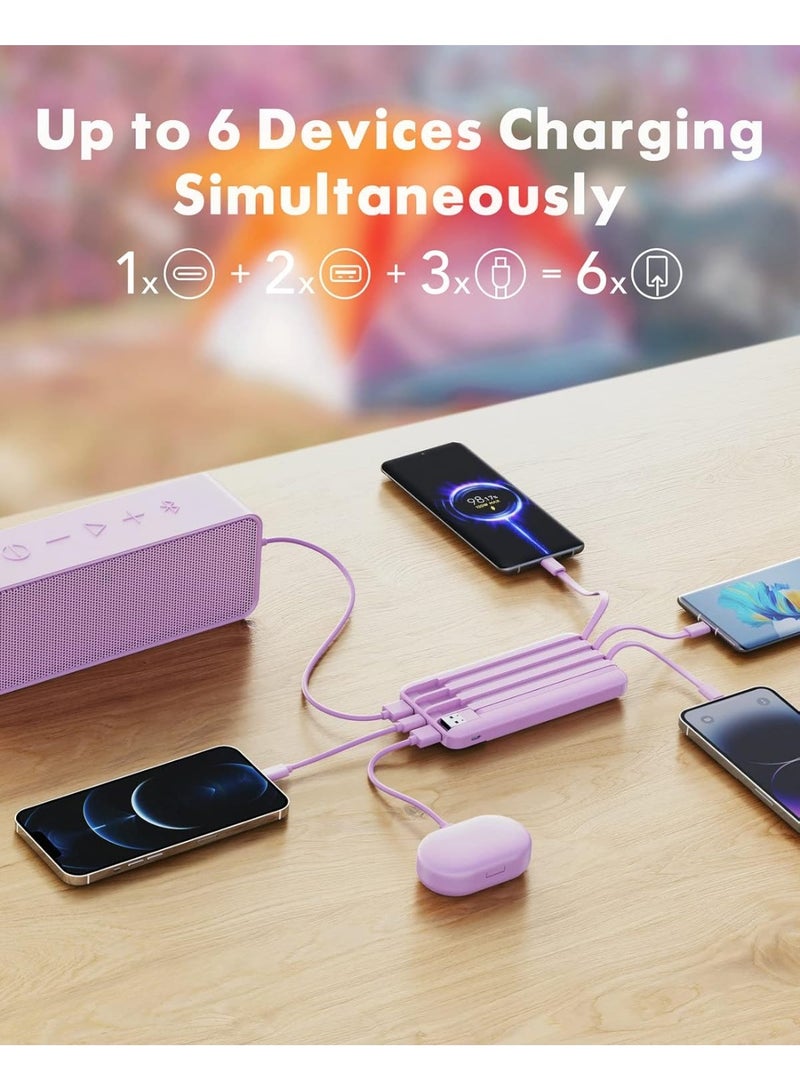 Charmast Portable Charger with Built in Cables, Portable Charger with Cords Wires Slim 10000mAh Travel Essentials Battery Pack 6 Outputs 3A High Speed Power Bank for iPhone Samsung Pixel LG Moto iPad (Purple) - Image 5