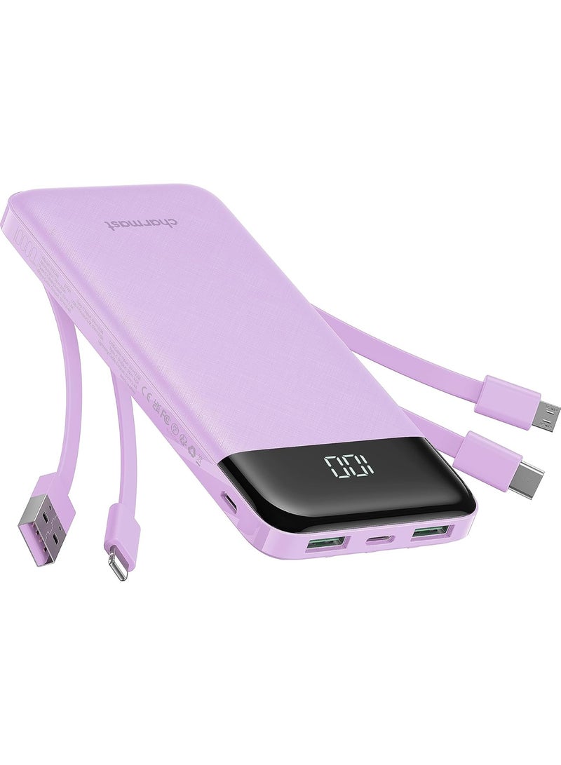 Charmast Portable Charger with Built in Cables, Portable Charger with Cords Wires Slim 10000mAh Travel Essentials Battery Pack 6 Outputs 3A High Speed Power Bank for iPhone Samsung Pixel LG Moto iPad (Purple) - Image 1