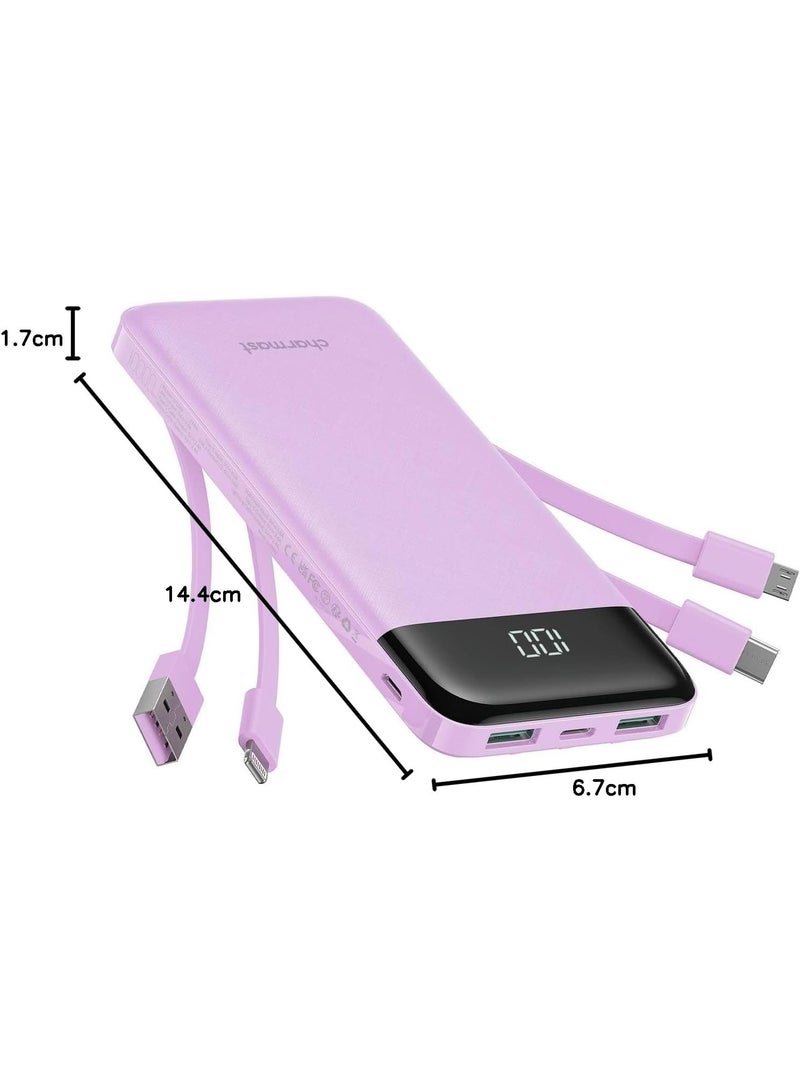 Charmast Portable Charger with Built in Cables, Portable Charger with Cords Wires Slim 10000mAh Travel Essentials Battery Pack 6 Outputs 3A High Speed Power Bank for iPhone Samsung Pixel LG Moto iPad (Purple) - Image 3