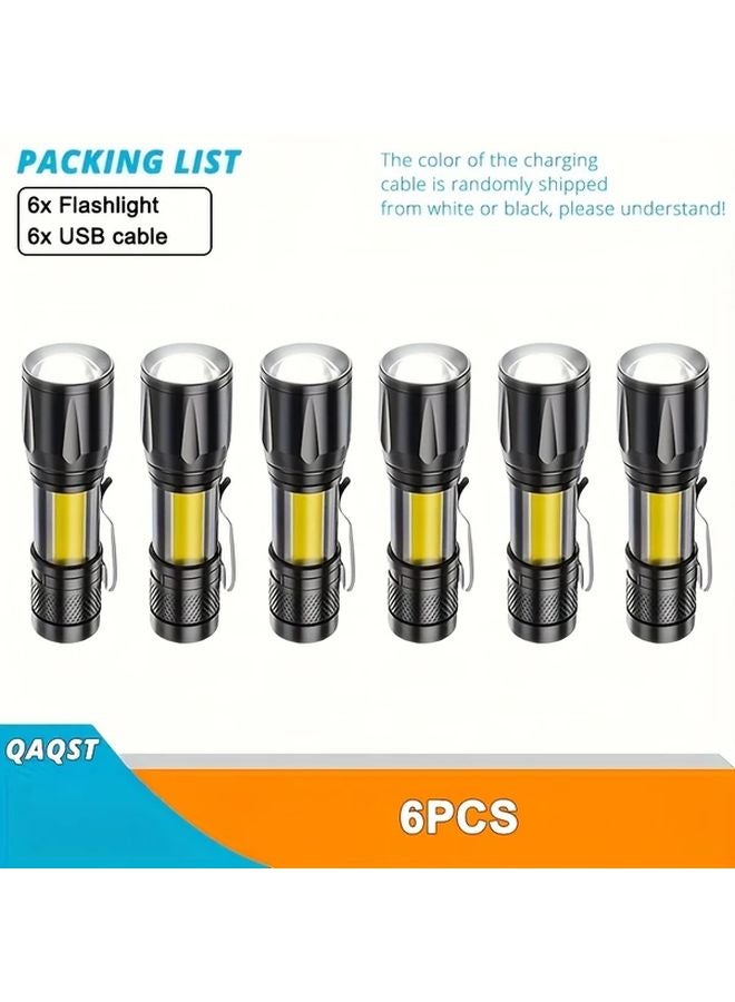 6pcs Mini LED Flashlights USB Rechargeable COB Work Light Retractable Zoom For Outdoor Camping - Image 1