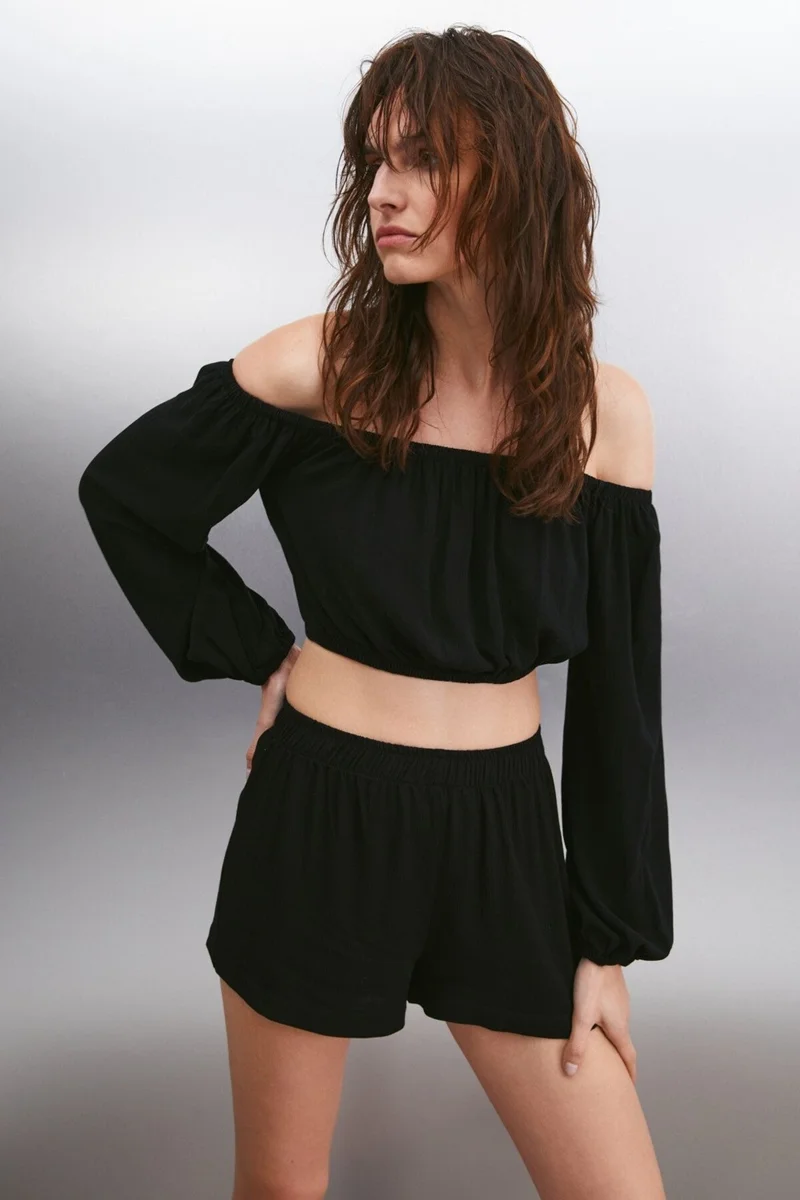 GRIMELANGE Eulıth Women's Thick Elastic Waist Short Black Shorts