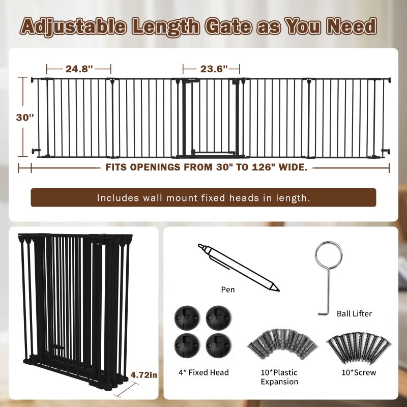 Mumeasy 126" Extra Wide Baby Gate for Doorways, Stairs & Fireplace, Auto Close Safety Dog & Pet Gate with Walk Thru Door, Childproof Fence for Hallway Kitchen House Indoor Outdoor,5 Metal Panels,Black - Image 2