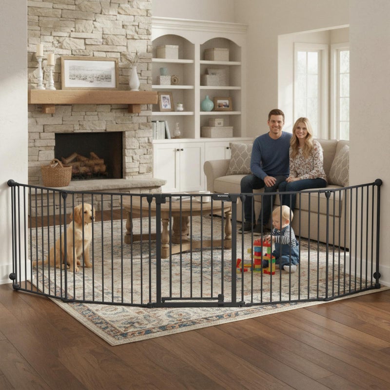 Mumeasy 126" Extra Wide Baby Gate for Doorways, Stairs & Fireplace, Auto Close Safety Dog & Pet Gate with Walk Thru Door, Childproof Fence for Hallway Kitchen House Indoor Outdoor,5 Metal Panels,Black - Image 1