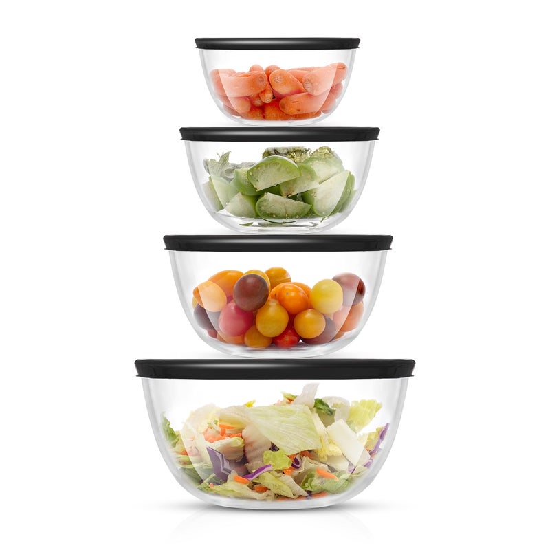 JoyJolt Kitchen Mixing Bowls  8pc Glass with Lids Set  Neat Nesting Large Bowl Batter Cooking Storage and Big Salad BPAFree Black