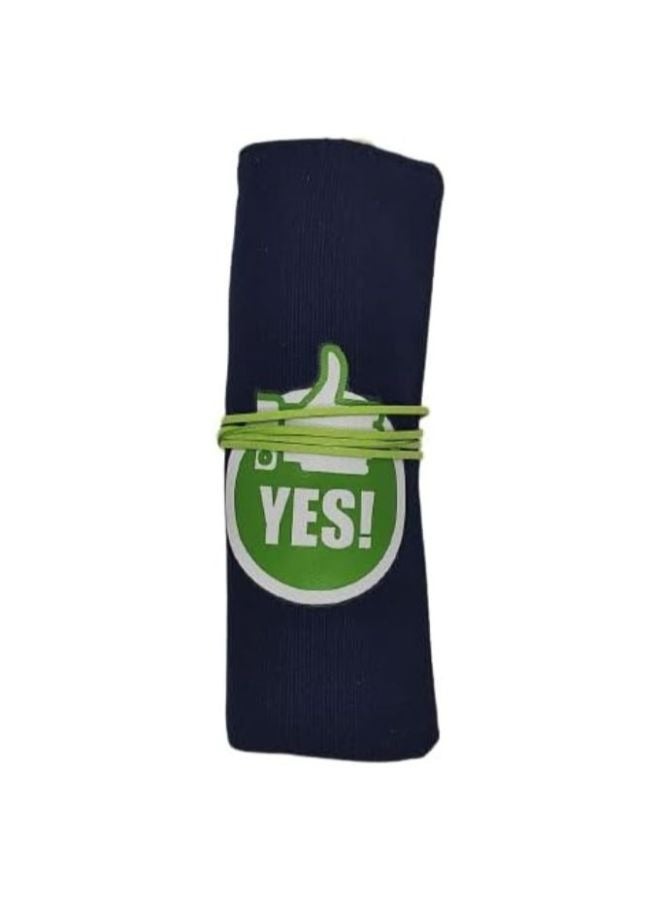 Yes Foldable pencil case, roll pen holder, pen bag with high-quality durable fabric and strong drawstring, printed, with 3 places for pens and another large pocket (yes shape, navy blue and green) - Image 1