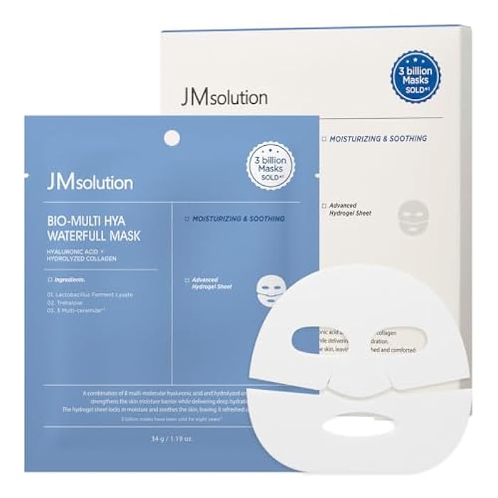 JMsolution Bio Multi-Hyaluronic Waterfull Mask – Deep Hydration Hydrogel Sheet Mask for Dry & Dehydrated Skin – 5-Layer Hyaluronic Acid – Overnight Treatment (4 Sheets) - Image 1