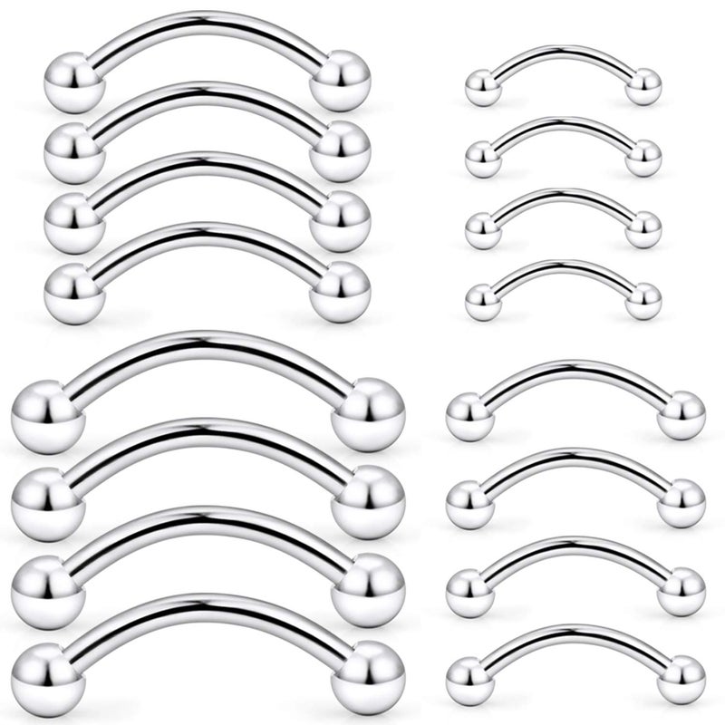 Hoeudjo Eyebrow Piercing Jewelry 16G Surgical Steel Curved Barbell with Ball Kit Tragus Ring Piercings Jewelry Silvertone 16Pcs 6mm 8mm 10mm 12mm