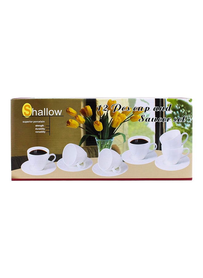 Shallow طقم أكواب شاي وصحن من البورسلين الضحل، أبيض، Fpr-003-S، 12 قطعة 