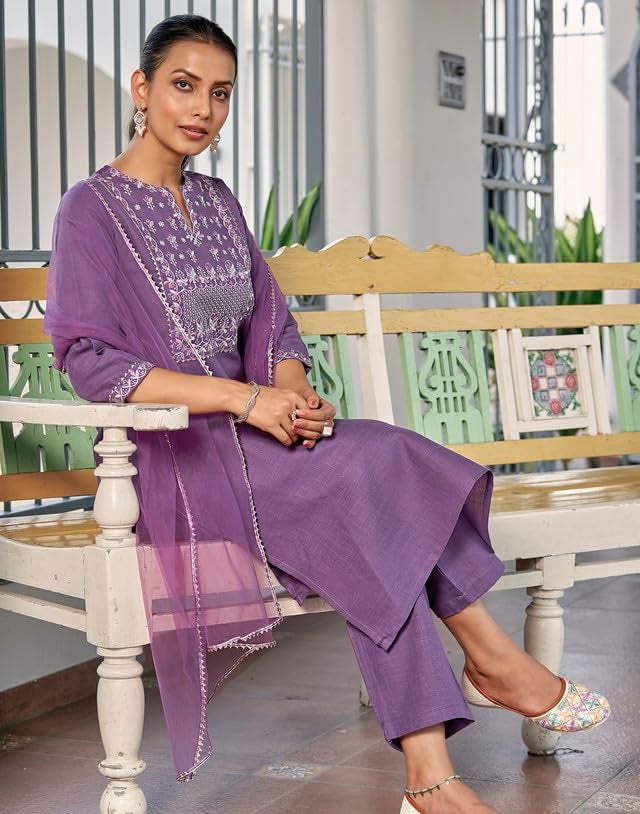 SIRIL Cotton Blend Suit Set for Women | Embroidery Kurta with Pant & Dupatta | Straight Kurta Set (146KBD1582A-L_Lavender) - Image 3