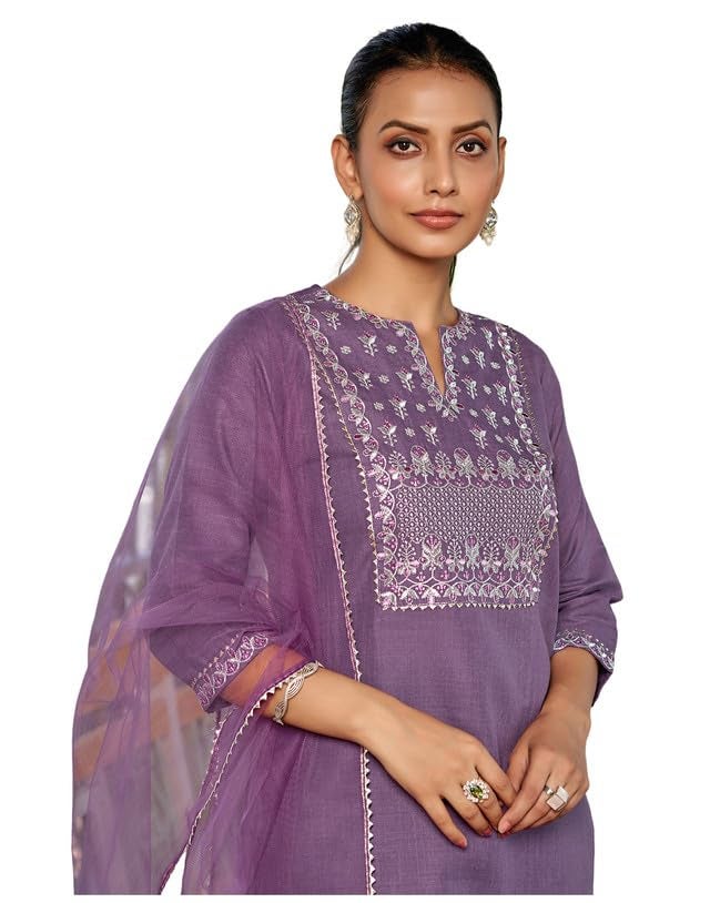 SIRIL Cotton Blend Suit Set for Women | Embroidery Kurta with Pant & Dupatta | Straight Kurta Set (146KBD1582A-L_Lavender) - Image 1