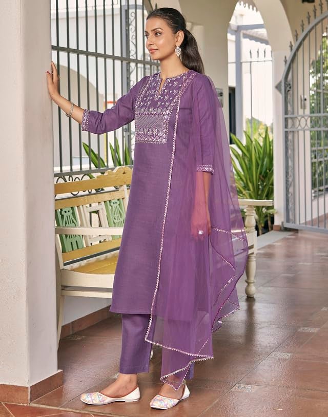 SIRIL Cotton Blend Suit Set for Women | Embroidery Kurta with Pant & Dupatta | Straight Kurta Set (146KBD1582A-L_Lavender) - Image 2