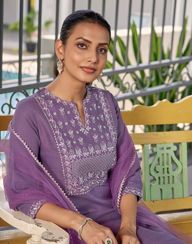 SIRIL Cotton Blend Suit Set for Women | Embroidery Kurta with Pant & Dupatta | Straight Kurta Set (146KBD1582A-L_Lavender) - Image 4