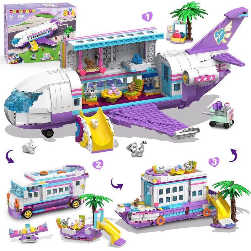 HOGOKIDS 3-in-1 Friends Airplane Building Toy Set - 808PCS Plane/Boat/Camper Van Building Toys with Cute 6 Mini Animals, Slide, Fun Accessories and Stickers, Birthday Gifts for Girls Boys Age 8-12+ - Image 1