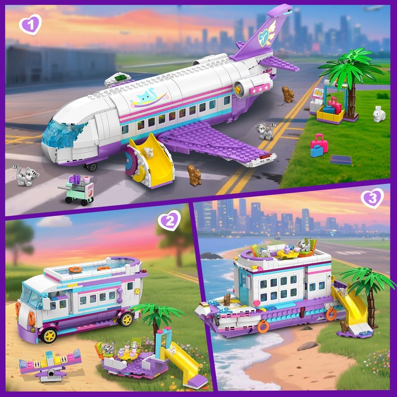 HOGOKIDS 3-in-1 Friends Airplane Building Toy Set - 808PCS Plane/Boat/Camper Van Building Toys with Cute 6 Mini Animals, Slide, Fun Accessories and Stickers, Birthday Gifts for Girls Boys Age 8-12+ - Image 2