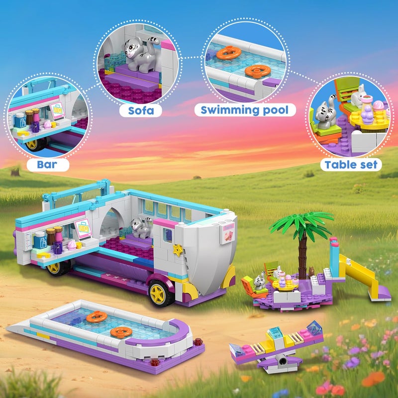 HOGOKIDS 3-in-1 Friends Airplane Building Toy Set - 808PCS Plane/Boat/Camper Van Building Toys with Cute 6 Mini Animals, Slide, Fun Accessories and Stickers, Birthday Gifts for Girls Boys Age 8-12+ - Image 5