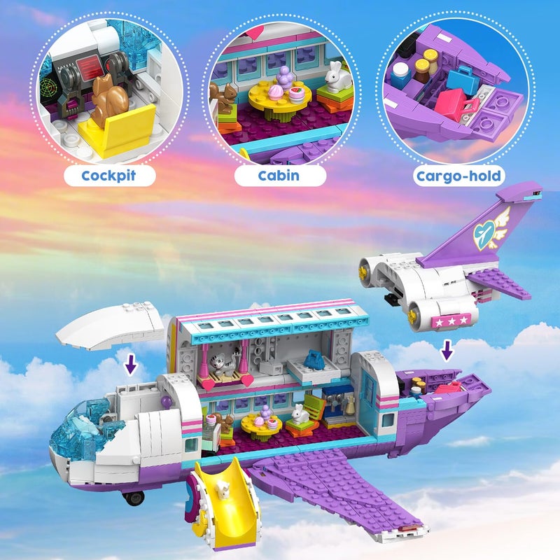 HOGOKIDS 3-in-1 Friends Airplane Building Toy Set - 808PCS Plane/Boat/Camper Van Building Toys with Cute 6 Mini Animals, Slide, Fun Accessories and Stickers, Birthday Gifts for Girls Boys Age 8-12+ - Image 4