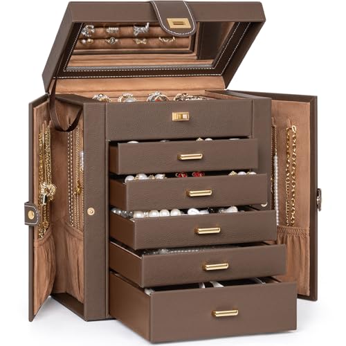 AKOZLIN 6Tier Jewelry Box Organizer Functional 5 Drawers Leather Jewelry Storage Case for Women Girls Ring Necklace Earring Bracelet Holder Organizer with Mirror Brown - Image 1