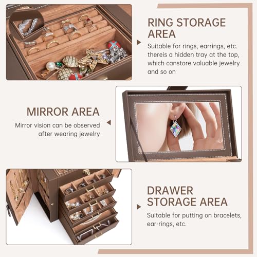 AKOZLIN 6Tier Jewelry Box Organizer Functional 5 Drawers Leather Jewelry Storage Case for Women Girls Ring Necklace Earring Bracelet Holder Organizer with Mirror Brown - Image 3