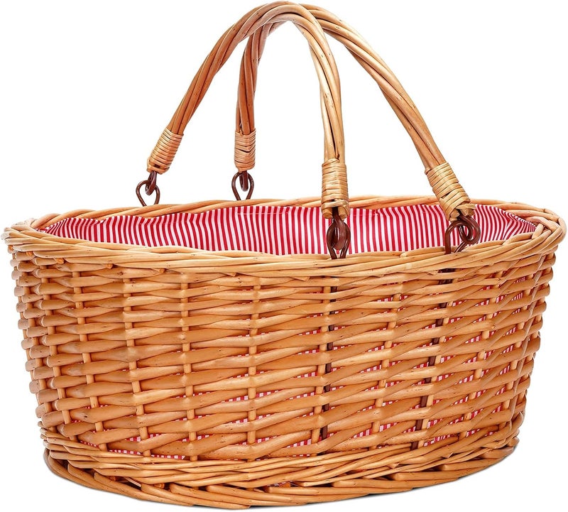 TwentyNext Wicker Picnic Basket with Double Folding Handles, Natural Large Willow Hamper Empty Basket Cheap Easter Eggs Candy Storage Wine Basket for Toy, Flower, Wedding（Red 16inch） - Image 1