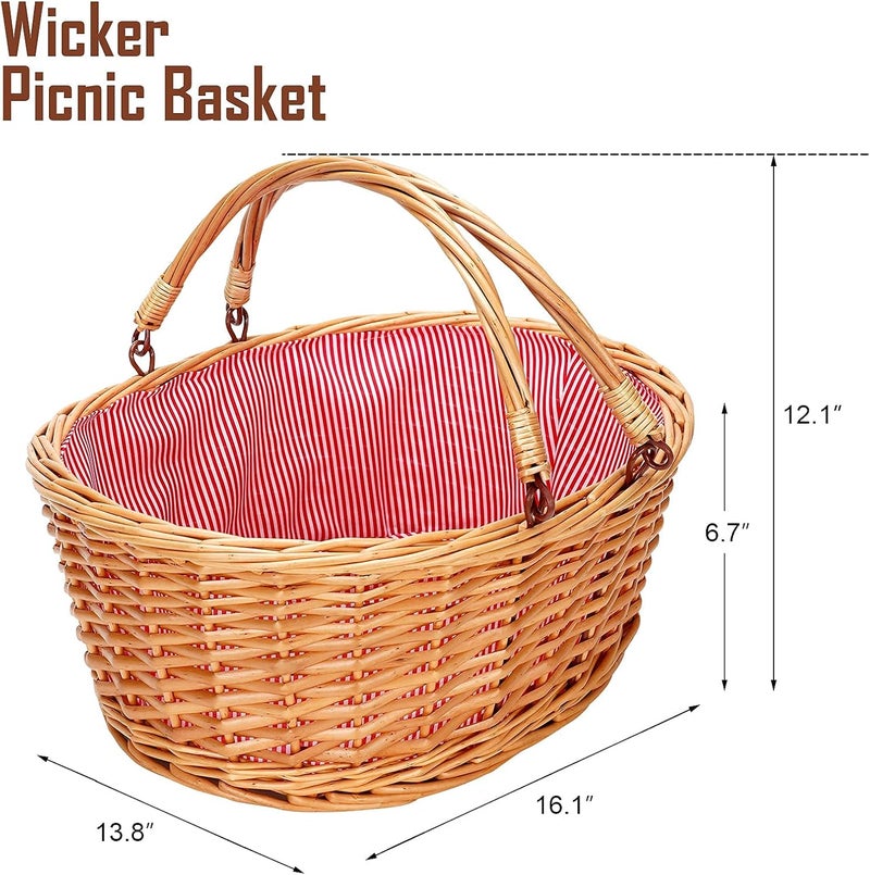 TwentyNext Wicker Picnic Basket with Double Folding Handles, Natural Large Willow Hamper Empty Basket Cheap Easter Eggs Candy Storage Wine Basket for Toy, Flower, Wedding（Red 16inch） - Image 4