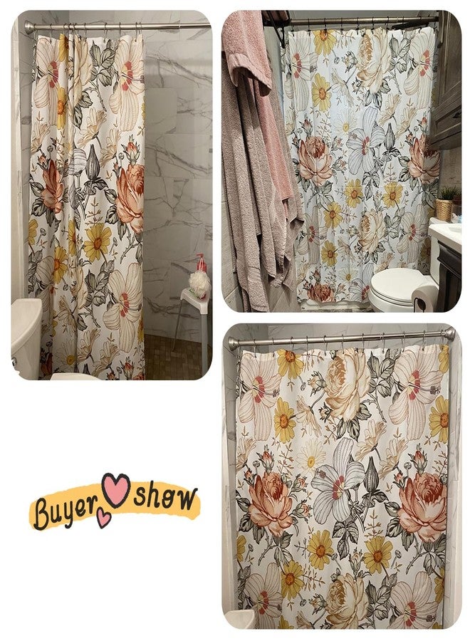 Coxila Floral Shower Curtain Vintage Flower Retro Plant Watercolor Dark Colorful Mustard Yellow Pale Printed Peony 60 x 72 Inch Polyester Fabric 12 Pack Hooks - Image 2