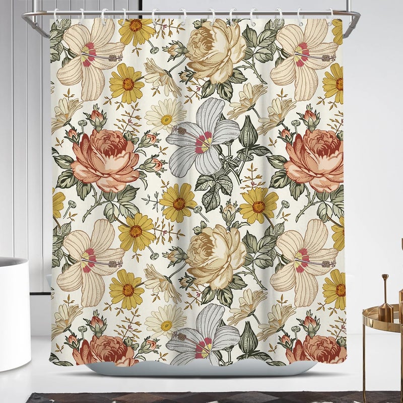 Coxila Floral Shower Curtain Vintage Flower Retro Plant Watercolor Dark Colorful Mustard Yellow Pale Printed Peony 60 x 72 Inch Polyester Fabric 12 Pack Hooks - Image 1