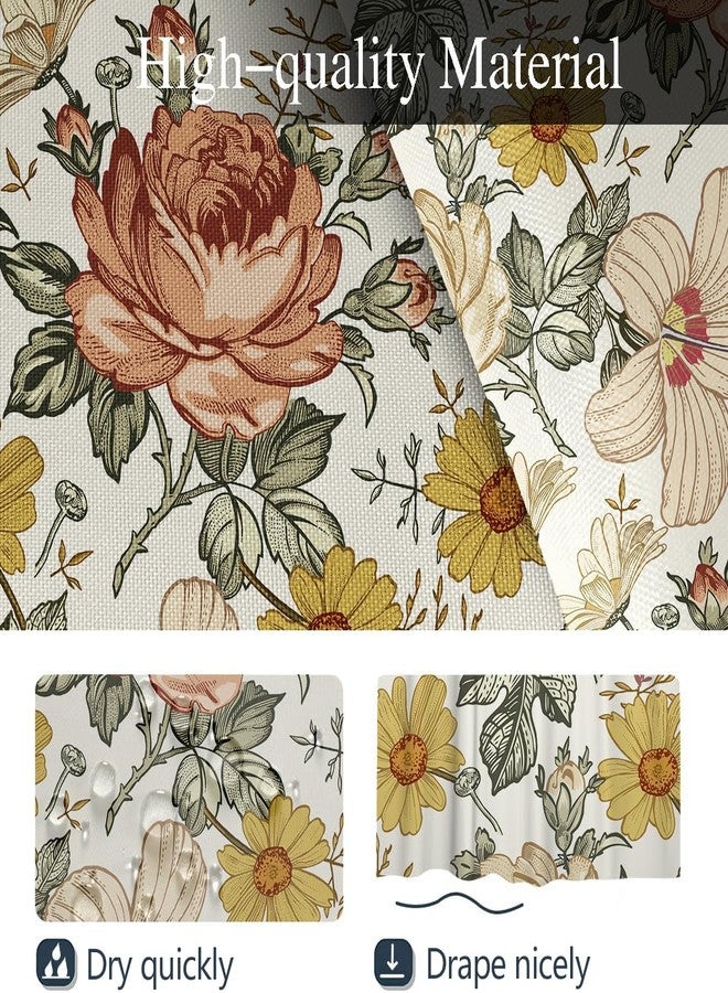Coxila Floral Shower Curtain Vintage Flower Retro Plant Watercolor Dark Colorful Mustard Yellow Pale Printed Peony 60 x 72 Inch Polyester Fabric 12 Pack Hooks - Image 4