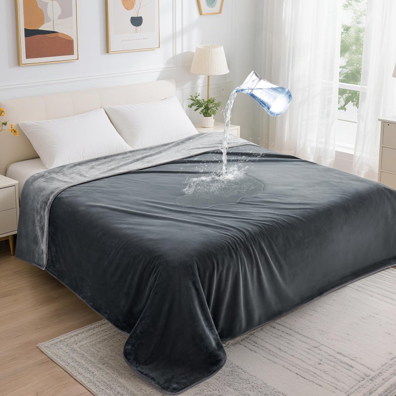 LOOBANI Waterproof Blanket for Bed: Reversible Soft Flannel Twin Bed Blanket 60" x 80", Leakproof Throw Spill-Proof Dog Pet Blanket for Couch, Sofa Protect, Movie Time, Camping, Travel, Grey - Image 1