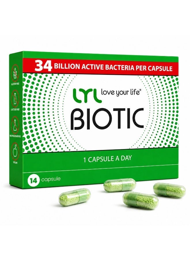 ليل LYL BIOTIC N14 – مكمل بروبيوتيك وبريبايوتيك متطور مع إنولين Orafti®، يحتوي على 34 مليار بكتيريا نافعة من 9 سلالات مختلفة، لدعم صحة الهضم وتعزيز توازن الفلورا المعوية، بجرعة كبسولة واحدة يوميًا - Image 1