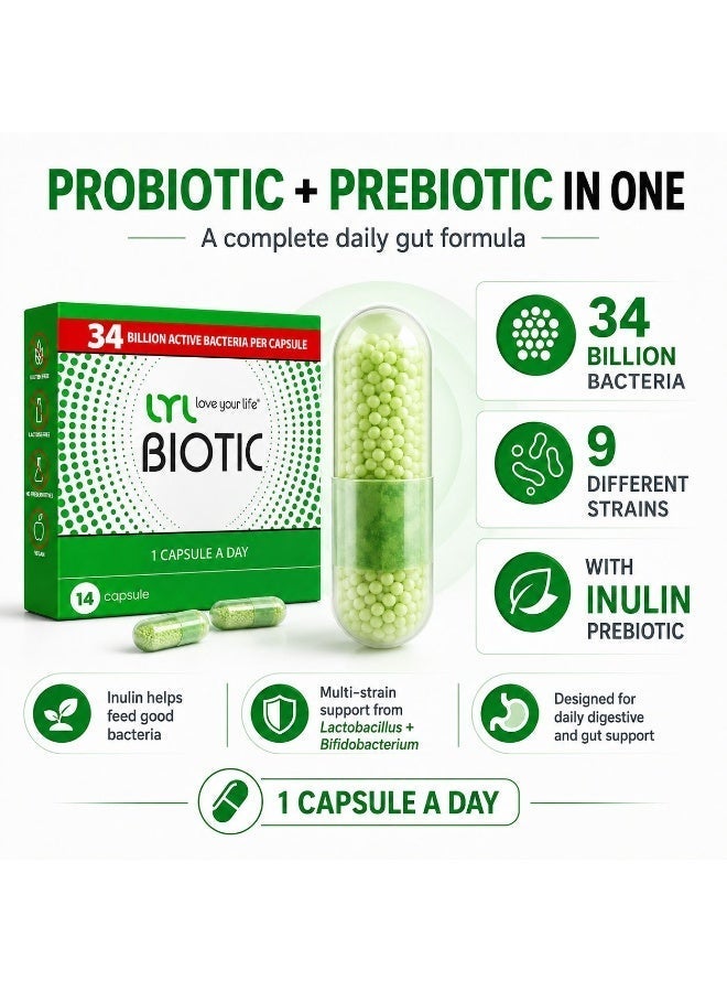 ليل LYL BIOTIC N14 – مكمل بروبيوتيك وبريبايوتيك متطور مع إنولين Orafti®، يحتوي على 34 مليار بكتيريا نافعة من 9 سلالات مختلفة، لدعم صحة الهضم وتعزيز توازن الفلورا المعوية، بجرعة كبسولة واحدة يوميًا - Image 2