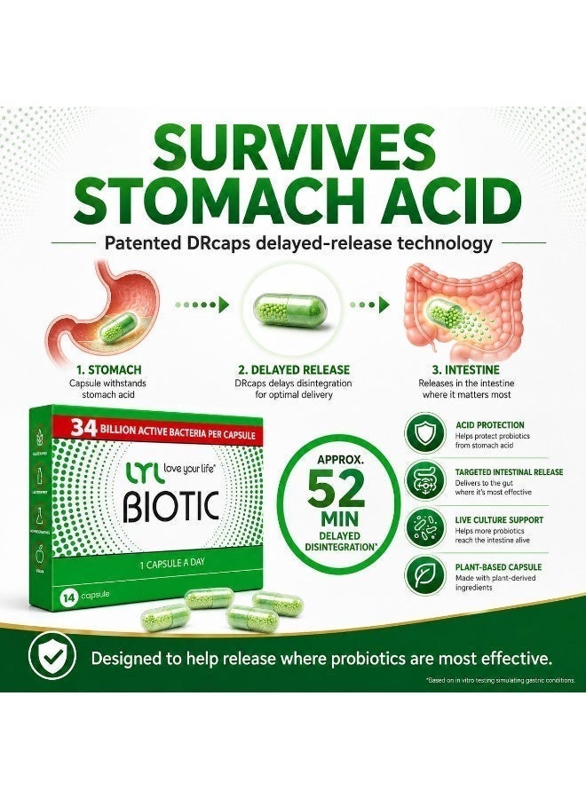 ليل LYL BIOTIC N14 – مكمل بروبيوتيك وبريبايوتيك متطور مع إنولين Orafti®، يحتوي على 34 مليار بكتيريا نافعة من 9 سلالات مختلفة، لدعم صحة الهضم وتعزيز توازن الفلورا المعوية، بجرعة كبسولة واحدة يوميًا - Image 4