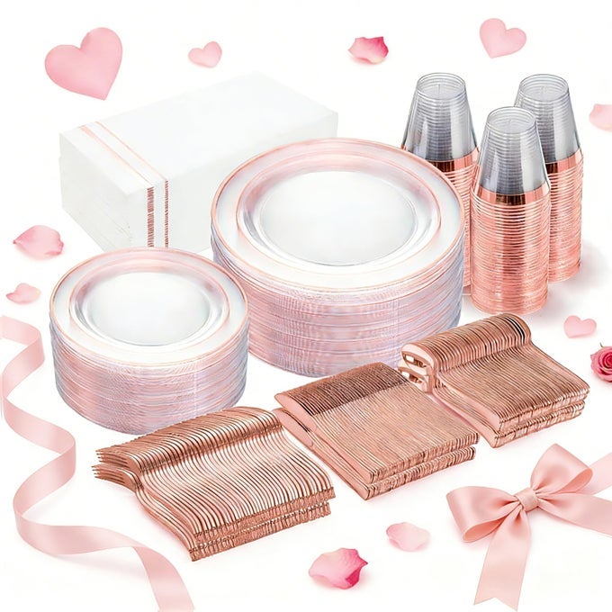 350PCS ROSE GOLD PLASTIC PLATES DISPOSABLE ROSE GOLD DINNERWARE INCLUDES 100 CLEAR ROSE GOLDS RIMMED PLASTIC PLATES 150 SILVERWARE 50 NAPKINS 50 CUPS FOR PARTY WEDDING VALENTINES DAY