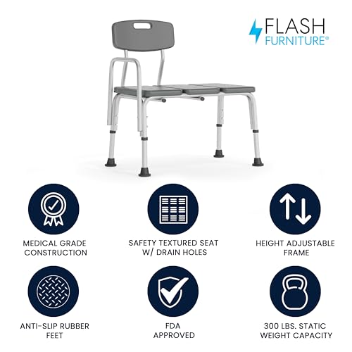 Flash Furniture HERCULES Series 300 Lb Capacity Adjustable Gray Bath Shower Transfer Bench with Back and Side Arm - Image 3