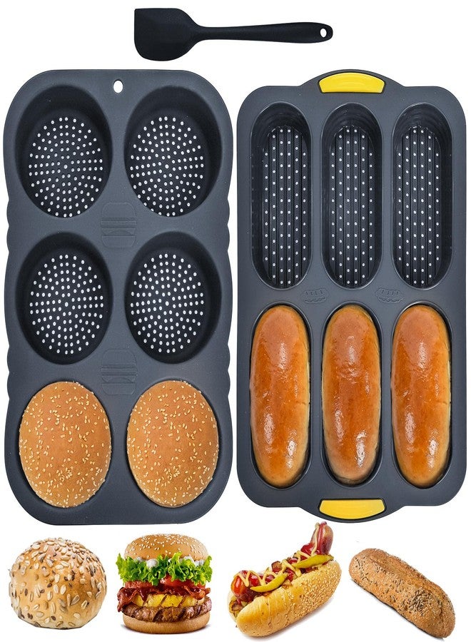 TOPZEA 3 Pcs Silicone Hot Dog & Hambergur Buns Pan Set, 6 Cavity Nonstick Baguette Bread Loaf Mold Perforated Hoagie & Sandwich Roll Baking Pans with Scraper for Homemade Ham Burger, Hotdog, Oven Safe - Image 1