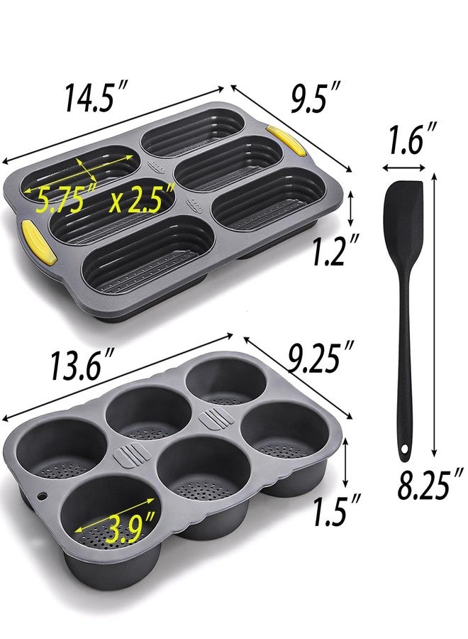 TOPZEA 3 Pcs Silicone Hot Dog & Hambergur Buns Pan Set, 6 Cavity Nonstick Baguette Bread Loaf Mold Perforated Hoagie & Sandwich Roll Baking Pans with Scraper for Homemade Ham Burger, Hotdog, Oven Safe - Image 2