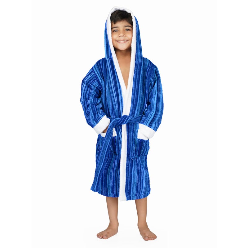 Rangoli Tonal Cotton Bathrobe for Kids - Blue, 400 GSM Ultra Soft Hooded Bathrobe - Image 1