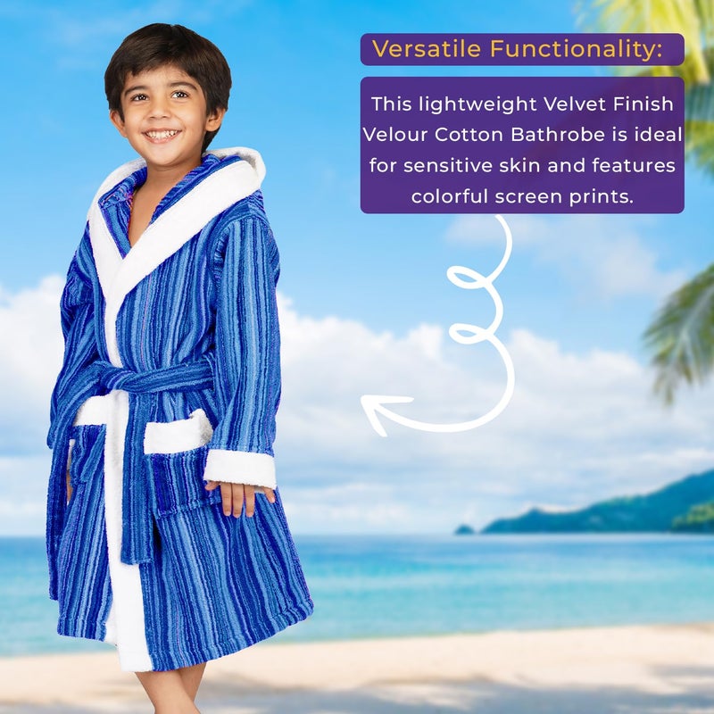 Rangoli Tonal Cotton Bathrobe for Kids - Blue, 400 GSM Ultra Soft Hooded Bathrobe - Image 4