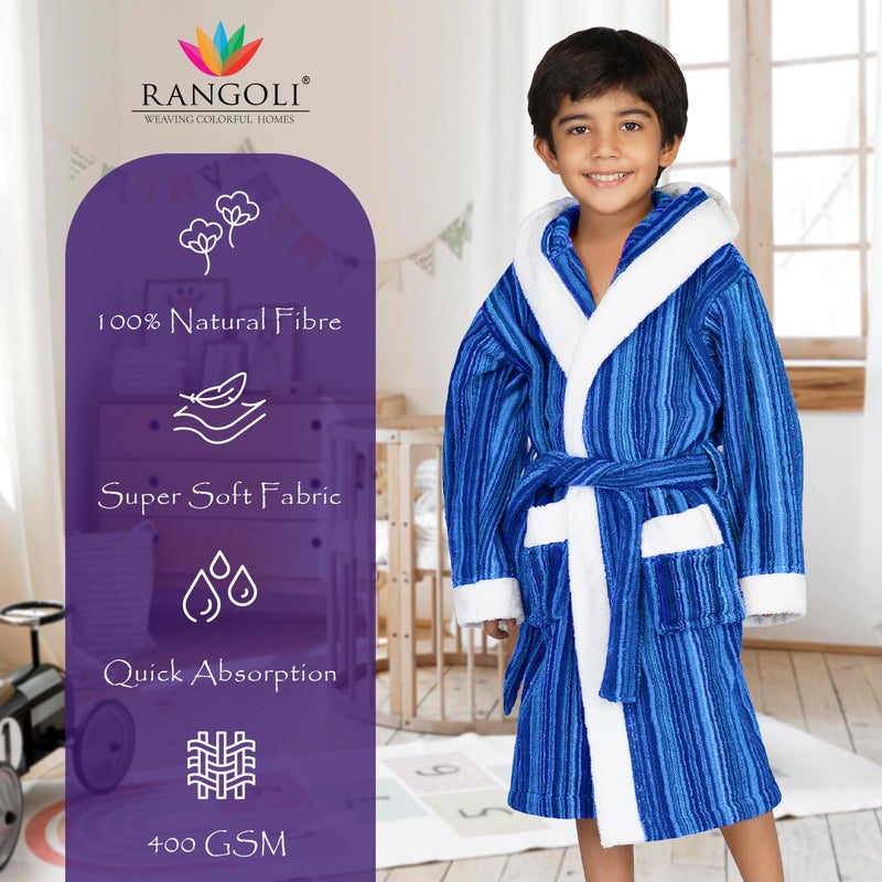 Rangoli Tonal Cotton Bathrobe for Kids - Blue, 400 GSM Ultra Soft Hooded Bathrobe - Image 2