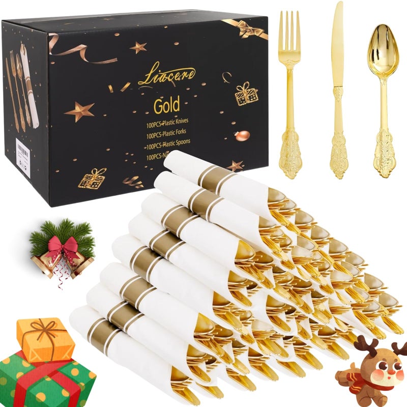 Liacere 400PCS Gold Plastic Silverware Pre Rolled Napkins Disposable Gold Plastic CutleryPremium Quality UtensilsIncludes 100Forks100Knives100Spoons100 Napkins Christmas New Year - Image 3