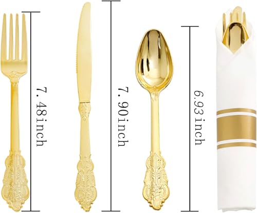Liacere 400PCS Gold Plastic Silverware Pre Rolled Napkins Disposable Gold Plastic CutleryPremium Quality UtensilsIncludes 100Forks100Knives100Spoons100 Napkins Christmas New Year - Image 5