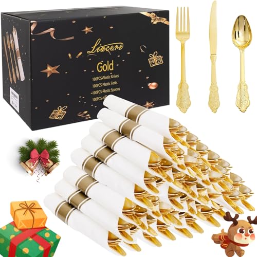 Liacere 400PCS Gold Plastic Silverware Pre Rolled Napkins Disposable Gold Plastic CutleryPremium Quality UtensilsIncludes 100Forks100Knives100Spoons100 Napkins Christmas New Year - Image 2