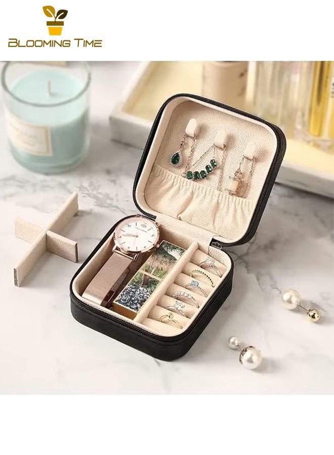 BLOOMING TIME Leather Jewelry Ring Box,Portable Travel Jewelry Storage Box,Bracelet Necklace Storage Jewelry Box,Jewelry Storage Box,Small Delicate Travel European Jewelry Box,Ring Necklace Earring Jewelry Box,Black - Image 1