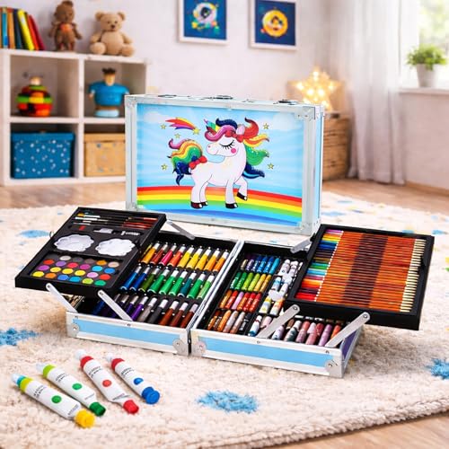 WISHKEY 145 Pieces Art Set for Kids with Unicorn Theme Storage Case, Art and Craft Supplies Kit for Drawing and Painting with Oil Pastel, Water Color, Color Pencils, Sketch Pen (Pack of 1, Blue) - Image 5