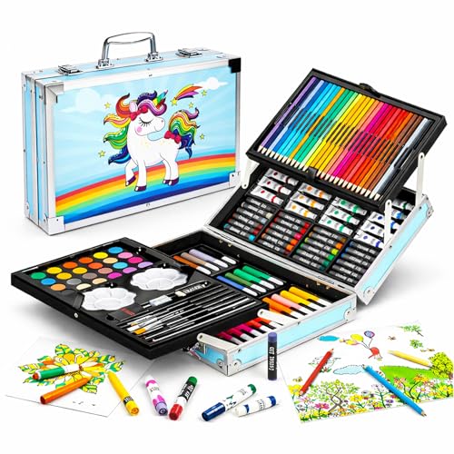 WISHKEY 145 Pieces Art Set for Kids with Unicorn Theme Storage Case, Art and Craft Supplies Kit for Drawing and Painting with Oil Pastel, Water Color, Color Pencils, Sketch Pen (Pack of 1, Blue) - Image 1