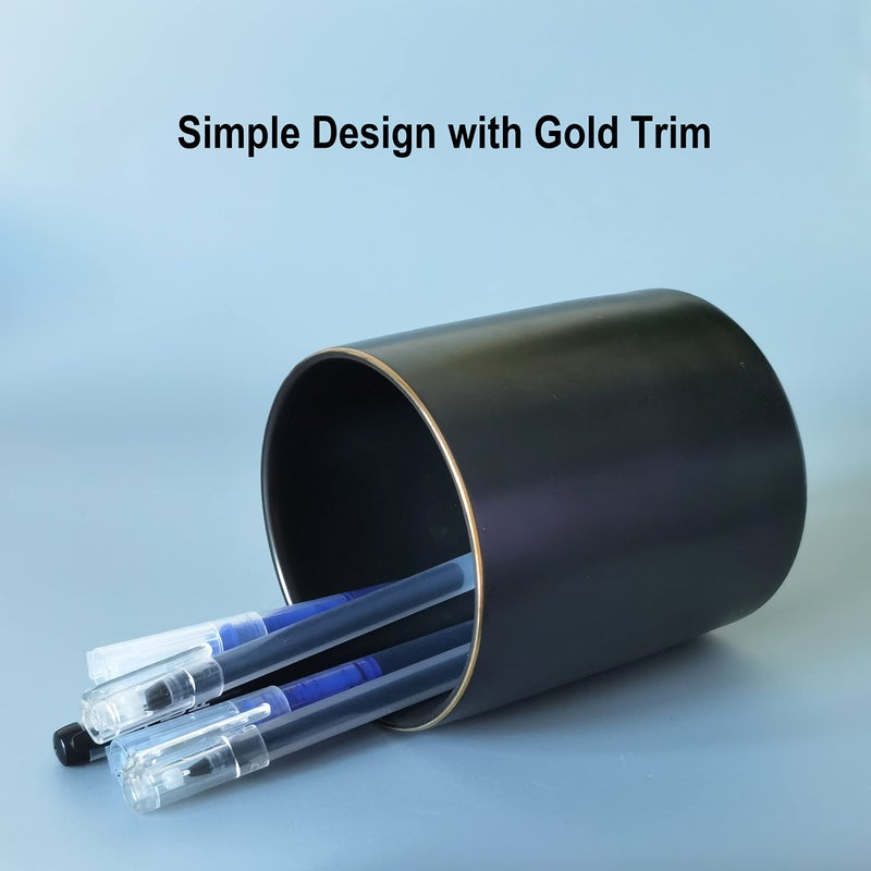 HANKOR Ceramic Pencil Holder for Desk - Cute Gold Trim Pen Aesthetic Makeup Brush Cup Holder Organizer for Desktop Storage Stationery Office Home Supplies, Black - Image 2